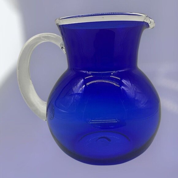 Handblown Vintage Pitcher Cobalt Blue and Clear Art Glass Quality Workmanship - Picture 4 of 16